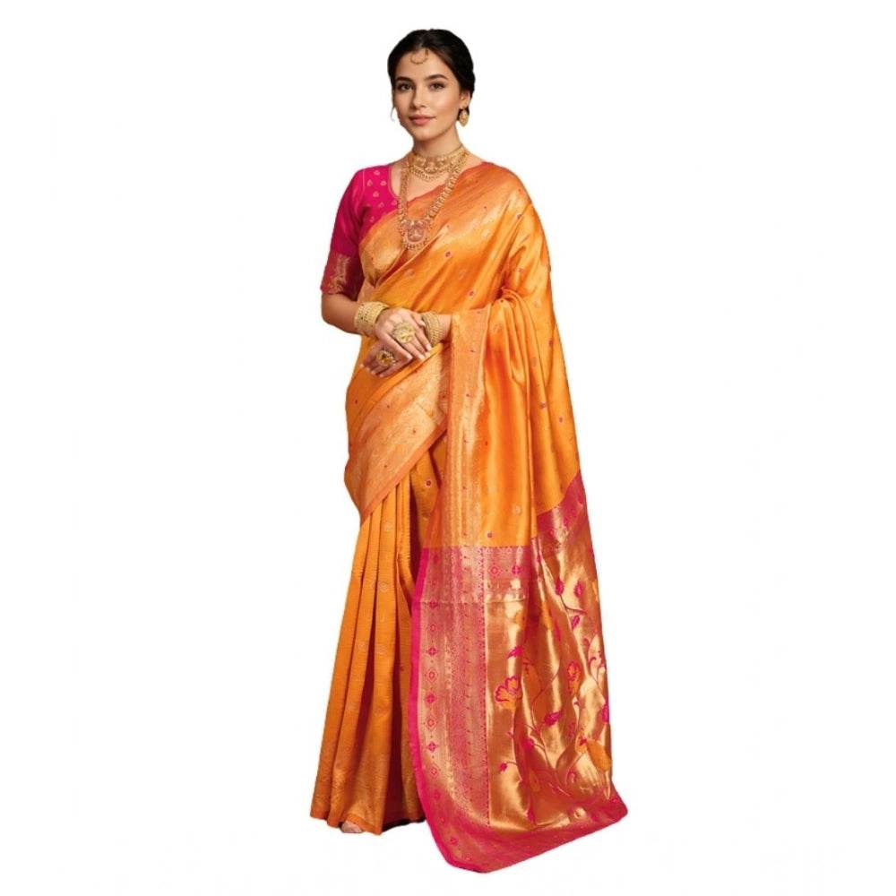 Generic Women's Silk Blend Zari Weaving Saree With Unstitched Blouse 5.5Mtr (Orange) - MYLUXURY LANE ENTERPRISE