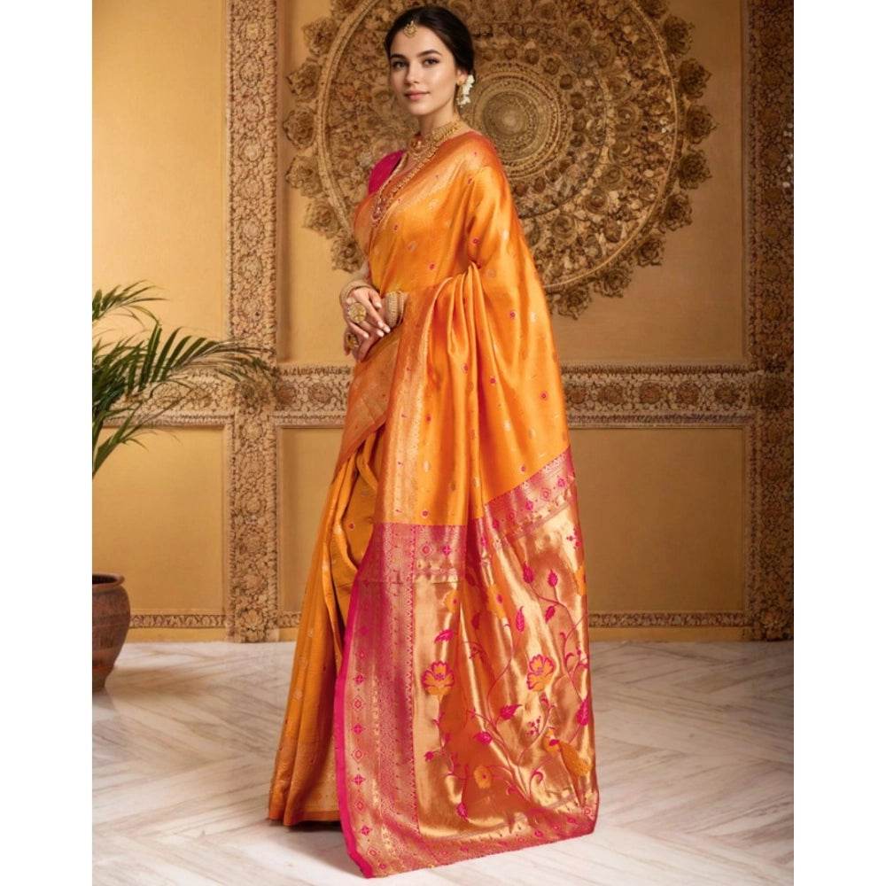 Generic Women's Silk Blend Zari Weaving Saree With Unstitched Blouse 5.5Mtr (Orange) - MYLUXURY LANE ENTERPRISE