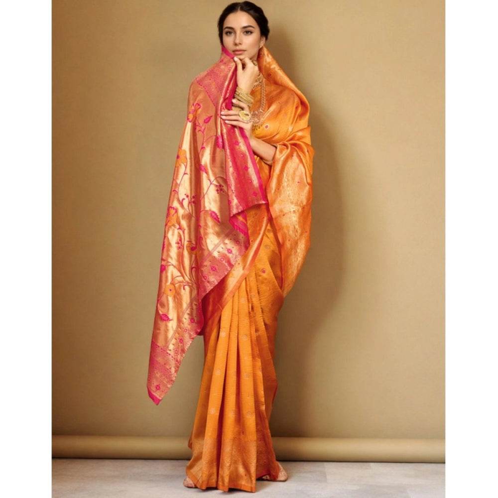 Generic Women's Silk Blend Zari Weaving Saree With Unstitched Blouse 5.5Mtr (Orange) - MYLUXURY LANE ENTERPRISE