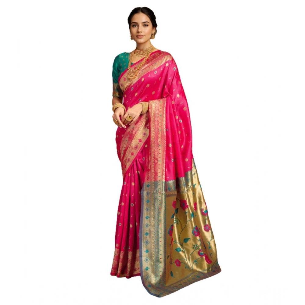 Generic Women's Silk Blend Zari Weaving Saree With Unstitched Blouse 5.5Mtr (Pink) - MYLUXURY LANE ENTERPRISE