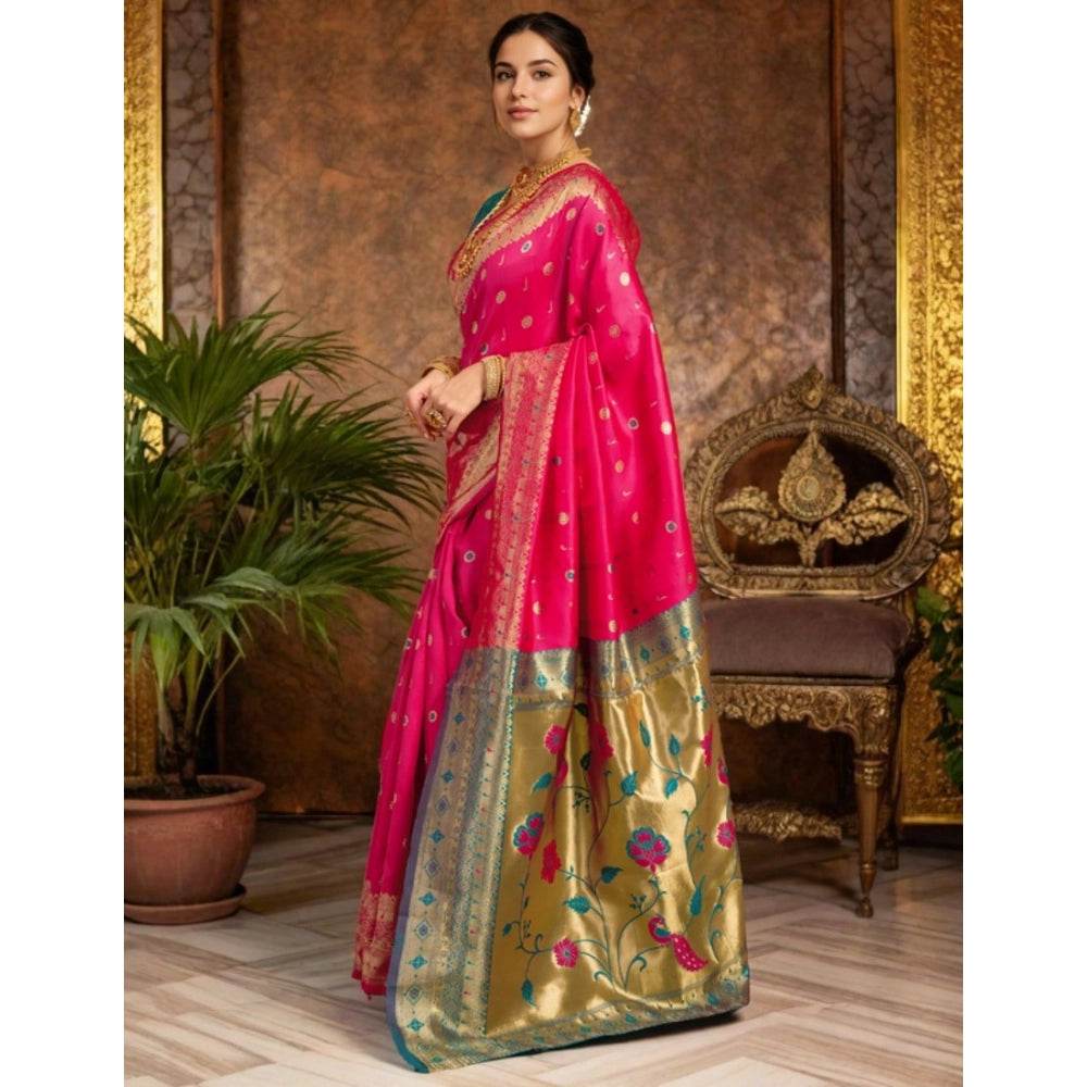 Generic Women's Silk Blend Zari Weaving Saree With Unstitched Blouse 5.5Mtr (Pink) - MYLUXURY LANE ENTERPRISE