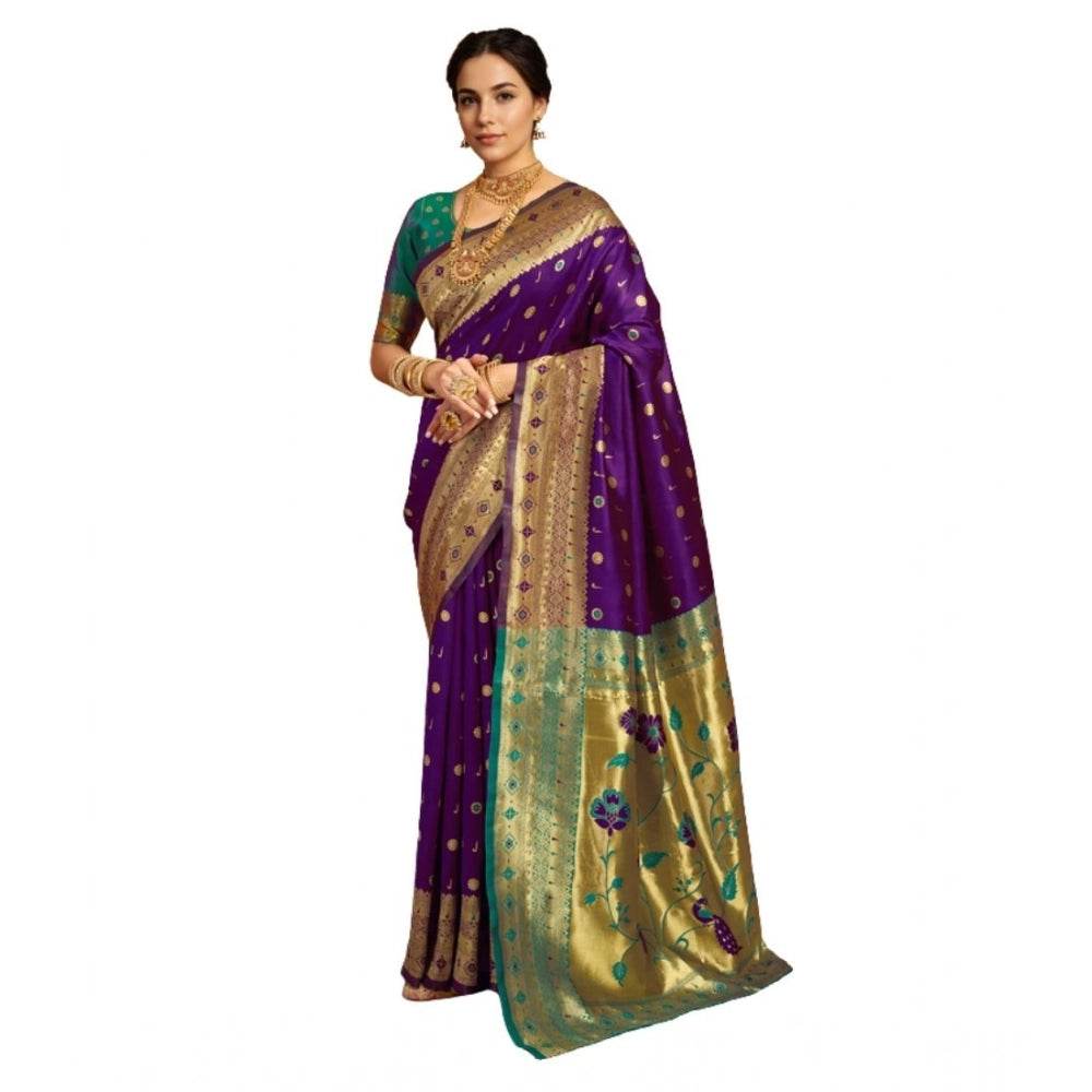 Generic Women's Silk Blend Zari Weaving Saree With Unstitched Blouse 5.5Mtr (Purple) - MYLUXURY LANE ENTERPRISE