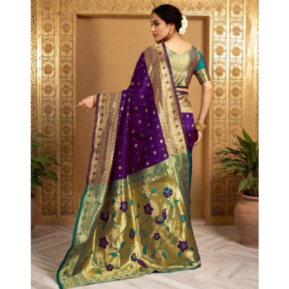Generic Women's Silk Blend Zari Weaving Saree With Unstitched Blouse 5.5Mtr (Purple) - MYLUXURY LANE ENTERPRISE