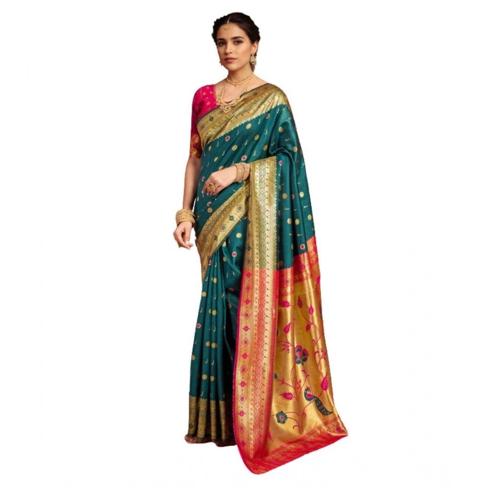 Generic Women's Silk Blend Zari Weaving Saree With Unstitched Blouse 5.5Mtr (Rama) - MYLUXURY LANE ENTERPRISE
