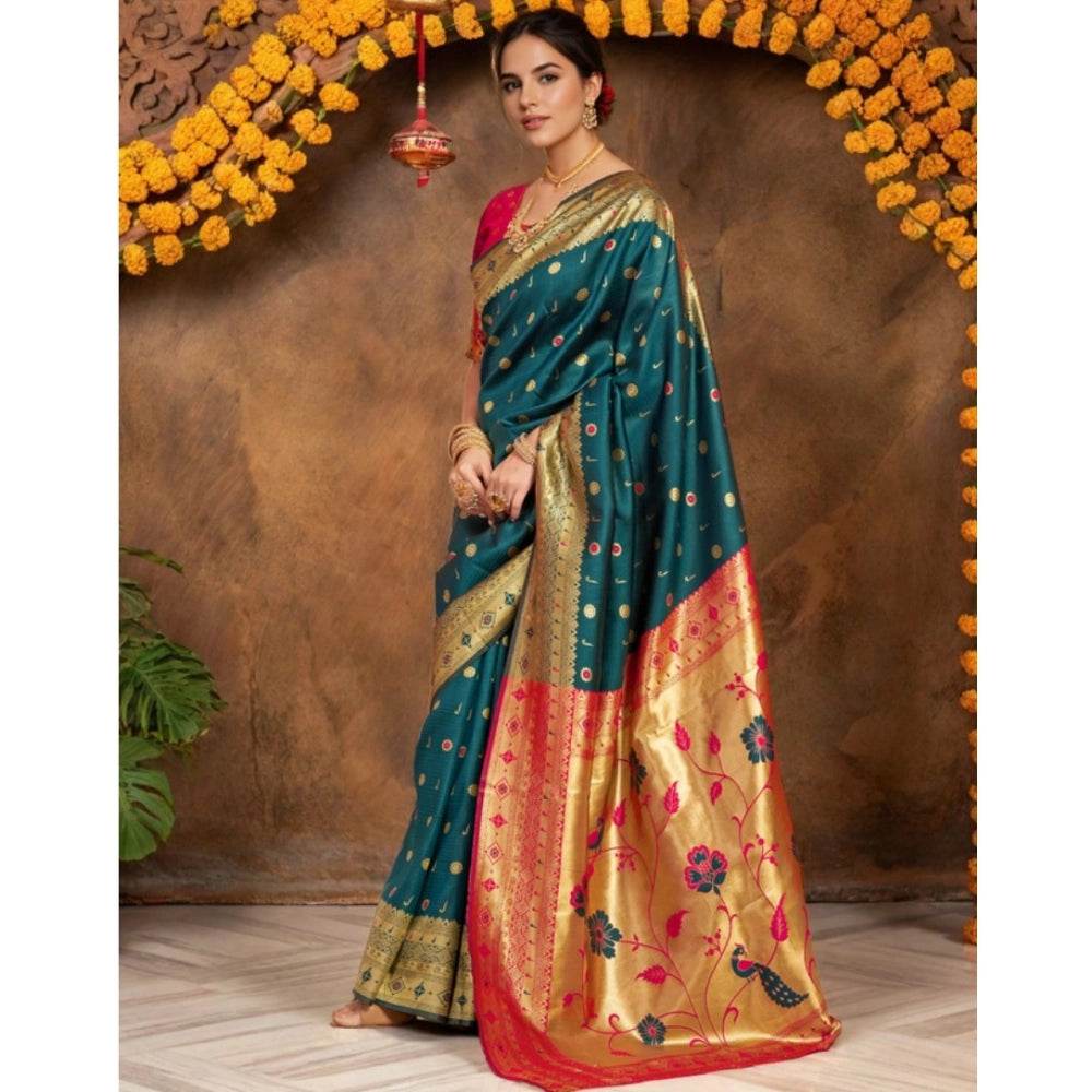 Generic Women's Silk Blend Zari Weaving Saree With Unstitched Blouse 5.5Mtr (Rama) - MYLUXURY LANE ENTERPRISE