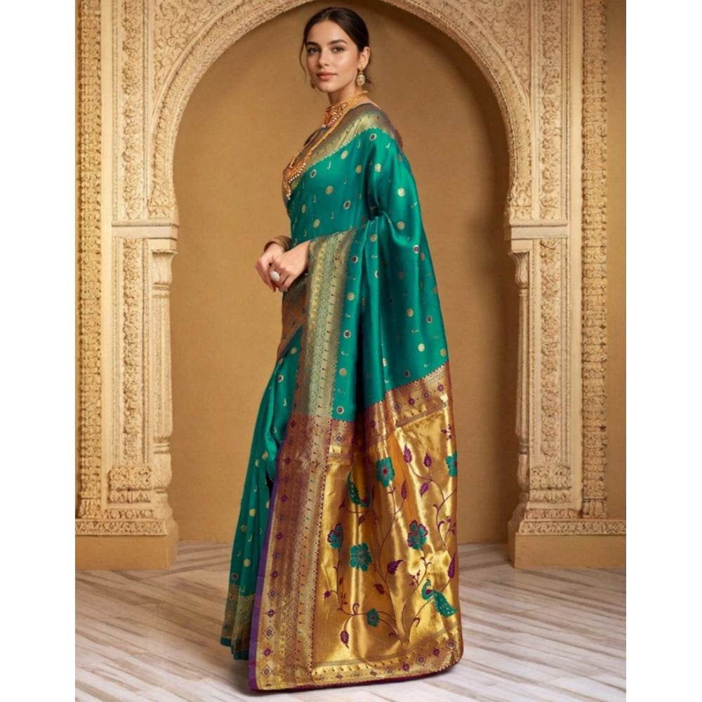 Generic Women's Silk Blend Zari Weaving Saree With Unstitched Blouse 5.5Mtr (Teal) - MYLUXURY LANE ENTERPRISE