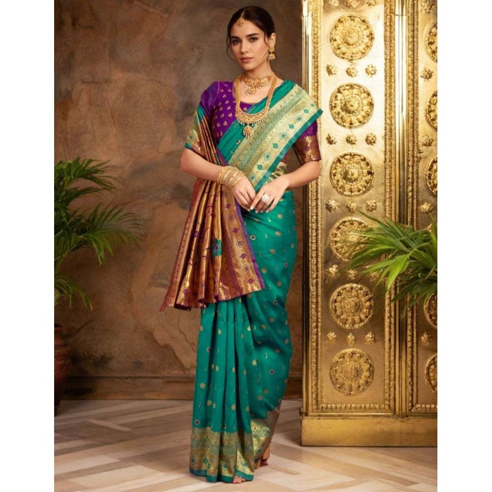 Generic Women's Silk Blend Zari Weaving Saree With Unstitched Blouse 5.5Mtr (Teal) - MYLUXURY LANE ENTERPRISE