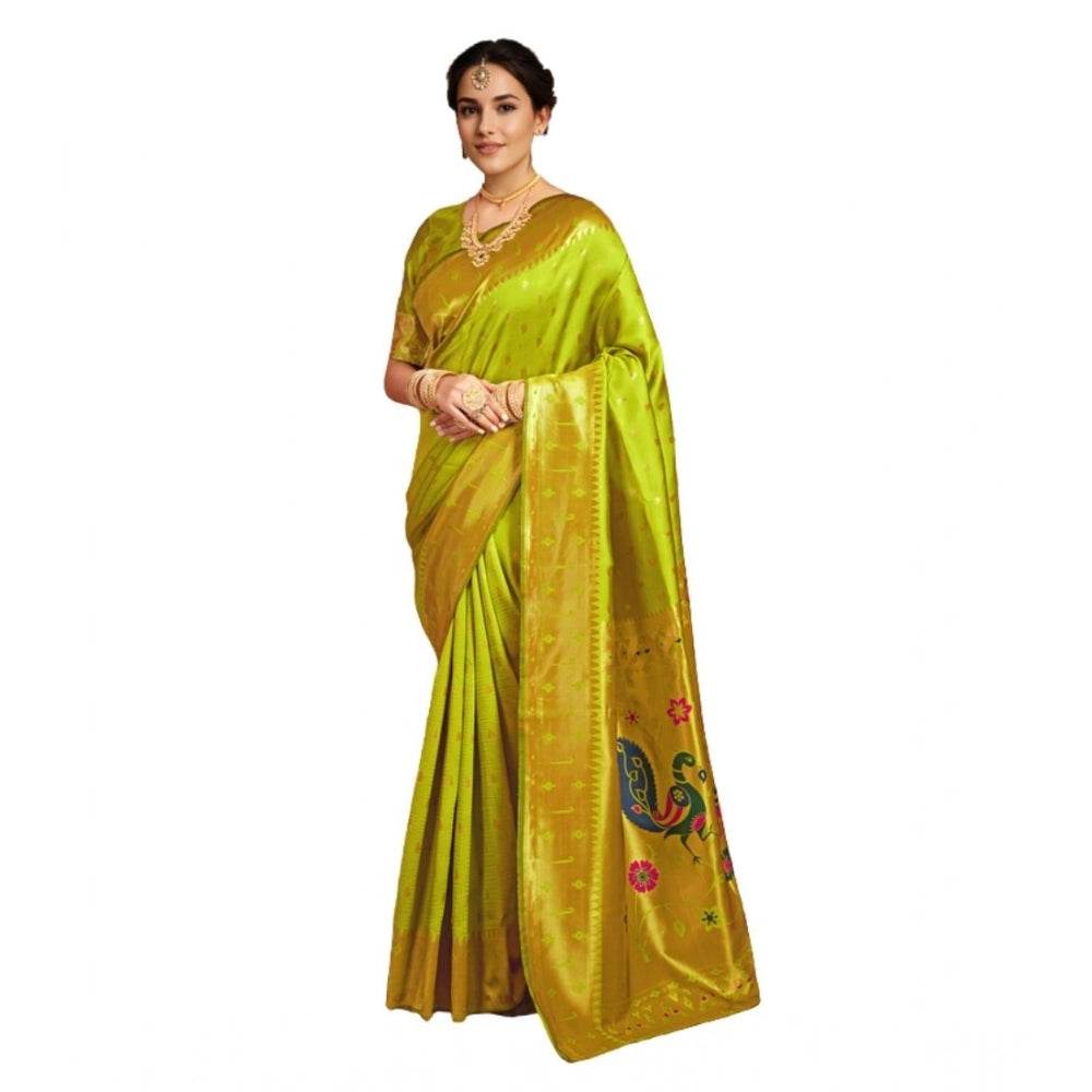 Generic Women's Silk Blend Zari Weaving Saree With Unstitched Blouse 5.5Mtr (Lime-Green) - MYLUXURY LANE ENTERPRISE