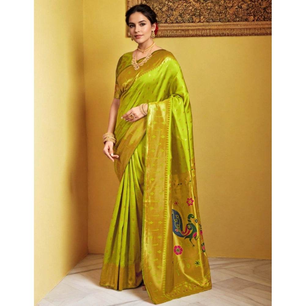Generic Women's Silk Blend Zari Weaving Saree With Unstitched Blouse 5.5Mtr (Lime-Green) - MYLUXURY LANE ENTERPRISE
