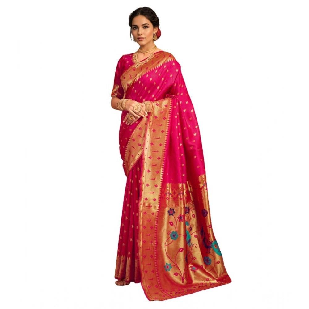 Generic Women's Silk Blend Zari Weaving Saree With Unstitched Blouse 5.5Mtr (Pink) - MYLUXURY LANE ENTERPRISE