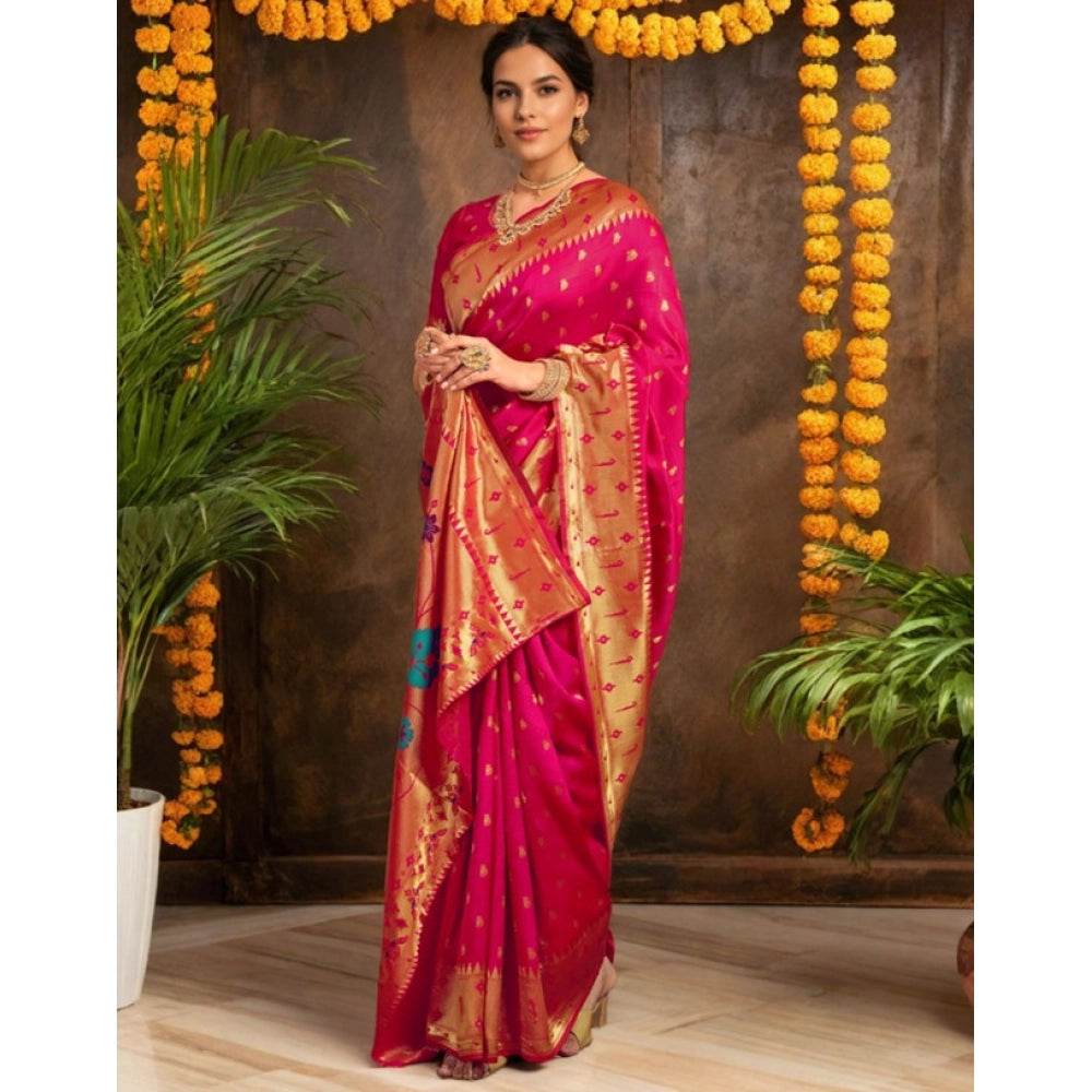 Generic Women's Silk Blend Zari Weaving Saree With Unstitched Blouse 5.5Mtr (Pink) - MYLUXURY LANE ENTERPRISE