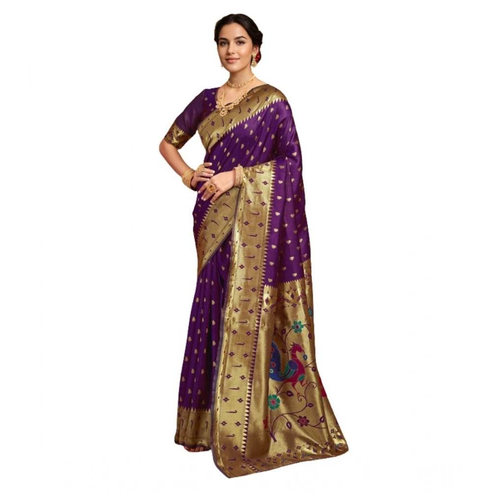Generic Women's Silk Blend Zari Weaving Saree With Unstitched Blouse 5.5Mtr (Purple) - MYLUXURY LANE ENTERPRISE