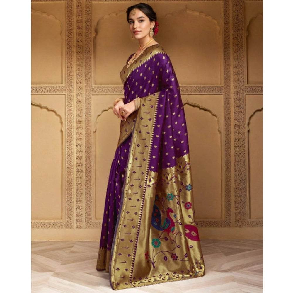Generic Women's Silk Blend Zari Weaving Saree With Unstitched Blouse 5.5Mtr (Purple) - MYLUXURY LANE ENTERPRISE