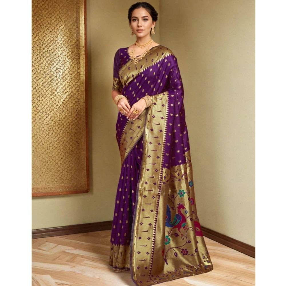 Generic Women's Silk Blend Zari Weaving Saree With Unstitched Blouse 5.5Mtr (Purple) - MYLUXURY LANE ENTERPRISE