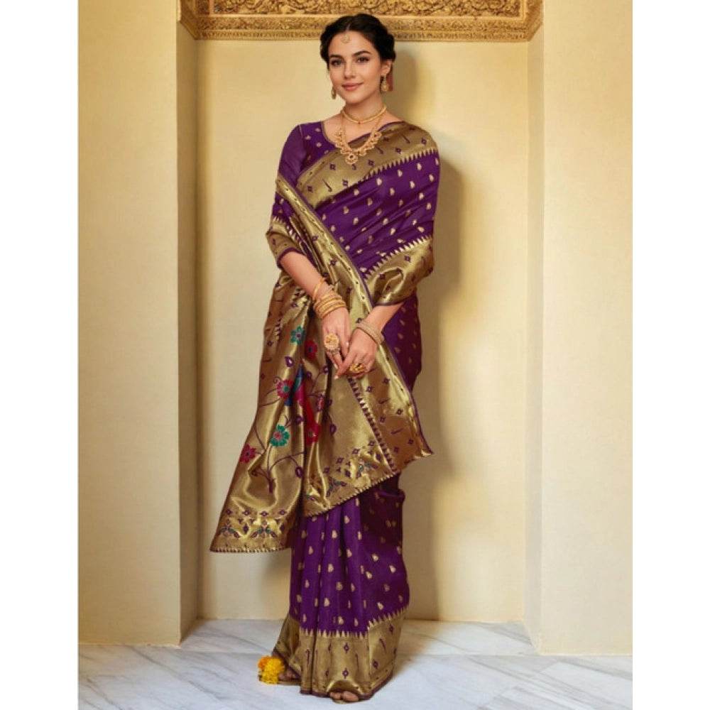 Generic Women's Silk Blend Zari Weaving Saree With Unstitched Blouse 5.5Mtr (Purple) - MYLUXURY LANE ENTERPRISE