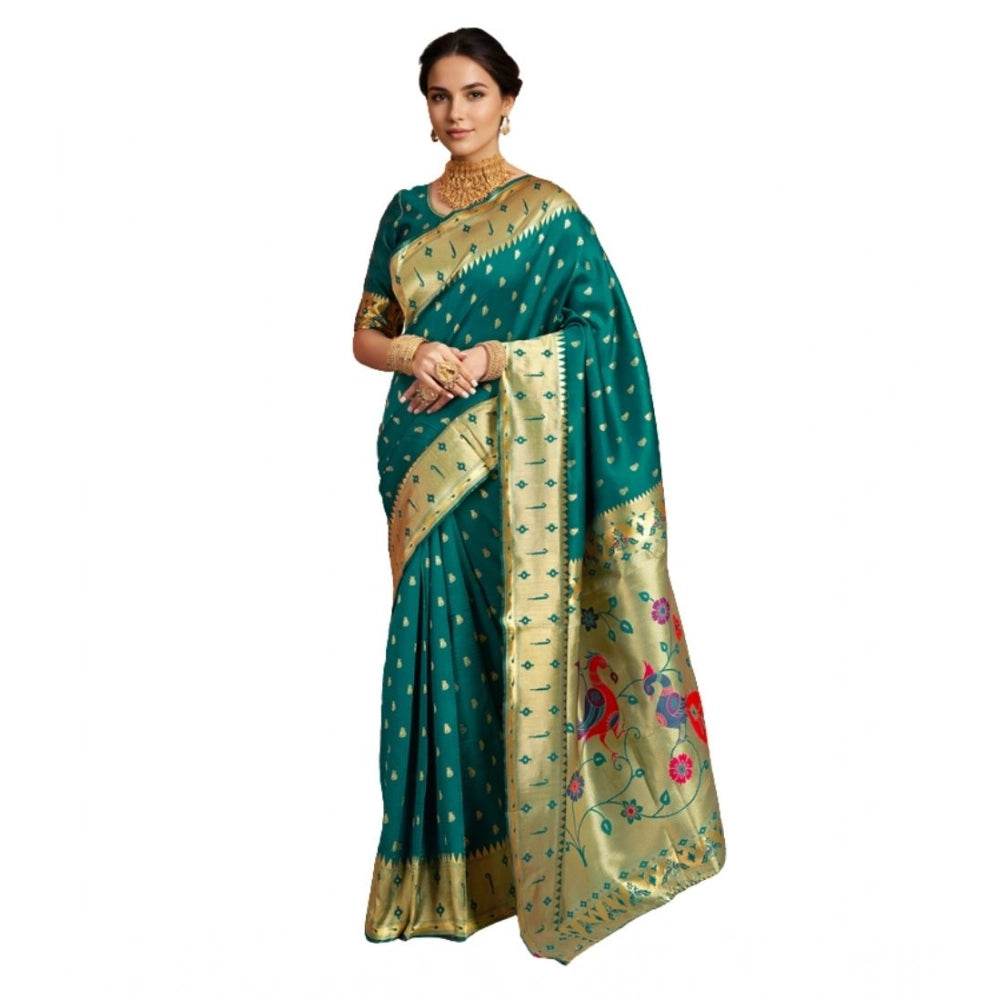 Generic Women's Silk Blend Zari Weaving Saree With Unstitched Blouse 5.5Mtr (Rama) - MYLUXURY LANE ENTERPRISE