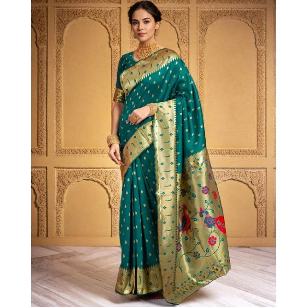 Generic Women's Silk Blend Zari Weaving Saree With Unstitched Blouse 5.5Mtr (Rama) - MYLUXURY LANE ENTERPRISE