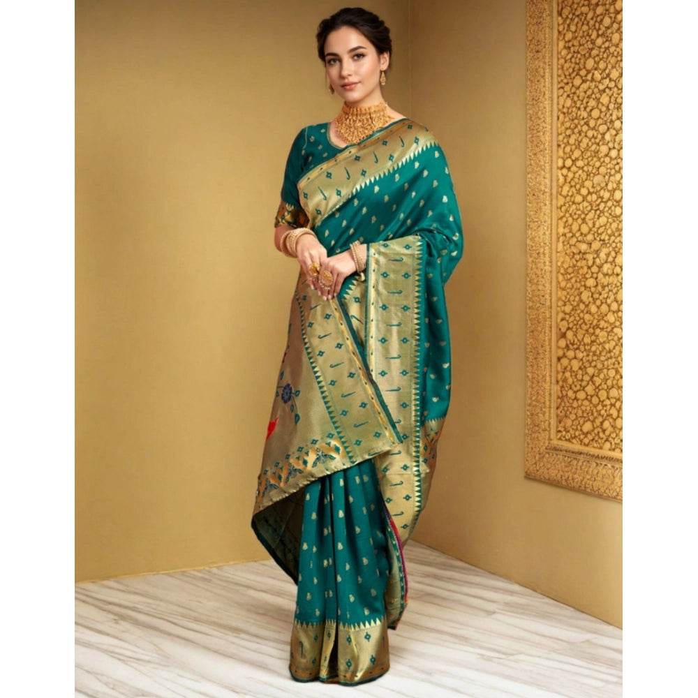 Generic Women's Silk Blend Zari Weaving Saree With Unstitched Blouse 5.5Mtr (Rama) - MYLUXURY LANE ENTERPRISE