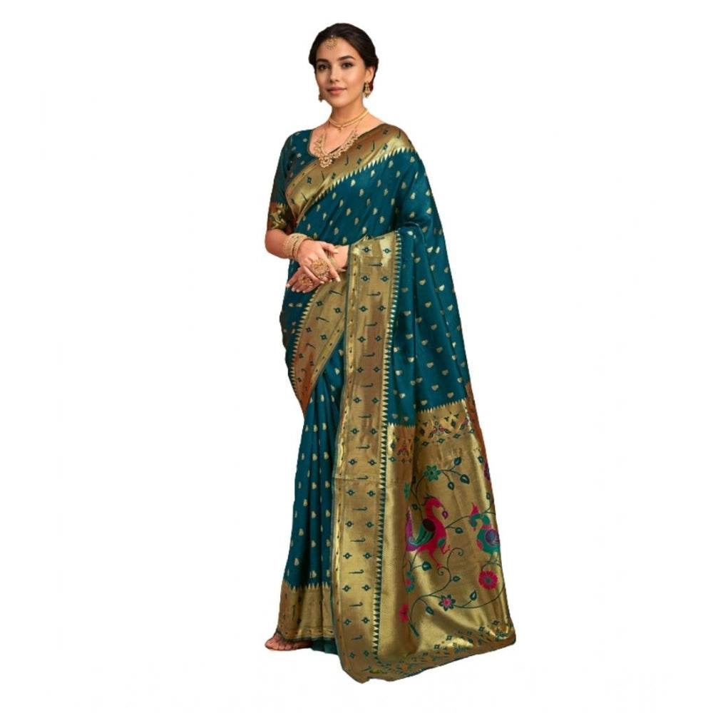 Generic Women's Silk Blend Zari Weaving Saree With Unstitched Blouse 5.5Mtr (Teal) - MYLUXURY LANE ENTERPRISE