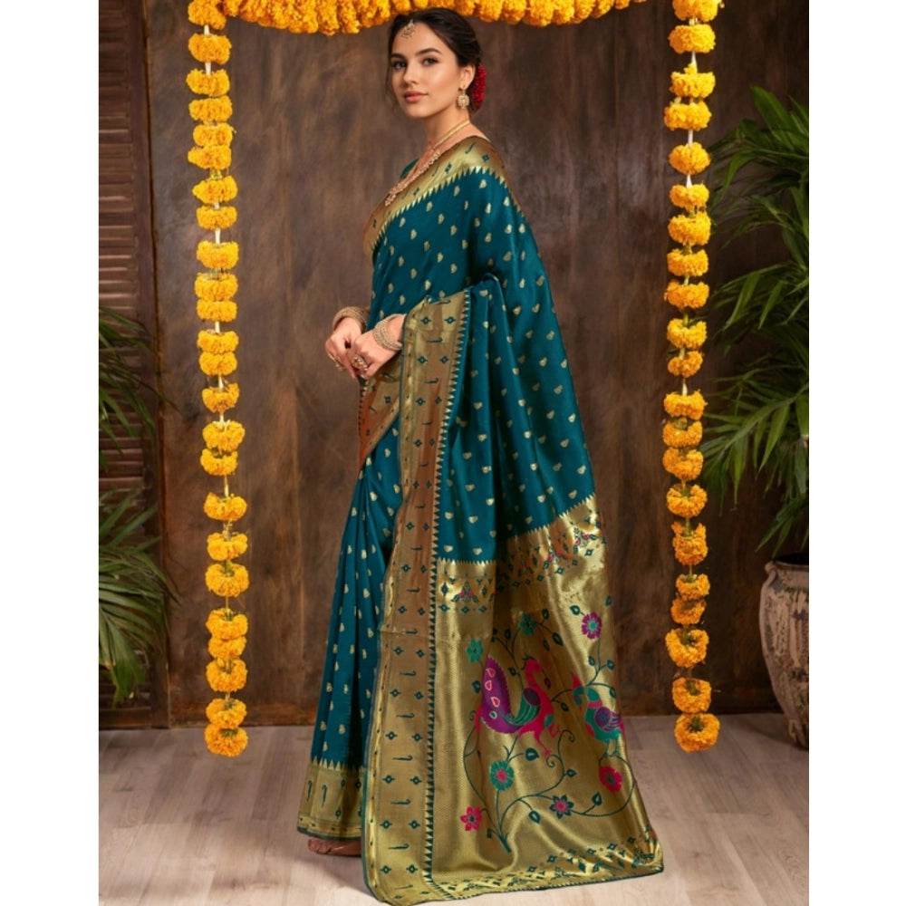 Generic Women's Silk Blend Zari Weaving Saree With Unstitched Blouse 5.5Mtr (Teal) - MYLUXURY LANE ENTERPRISE