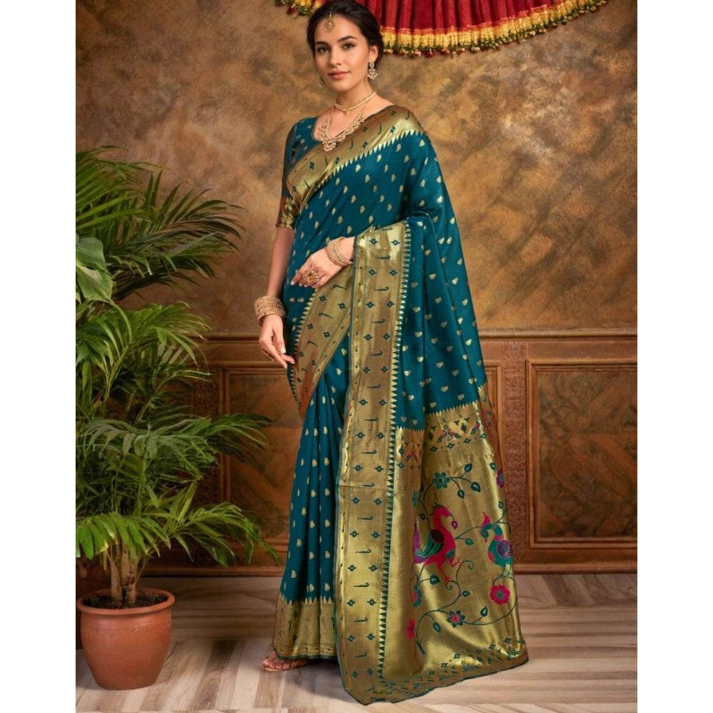 Generic Women's Silk Blend Zari Weaving Saree With Unstitched Blouse 5.5Mtr (Teal) - MYLUXURY LANE ENTERPRISE