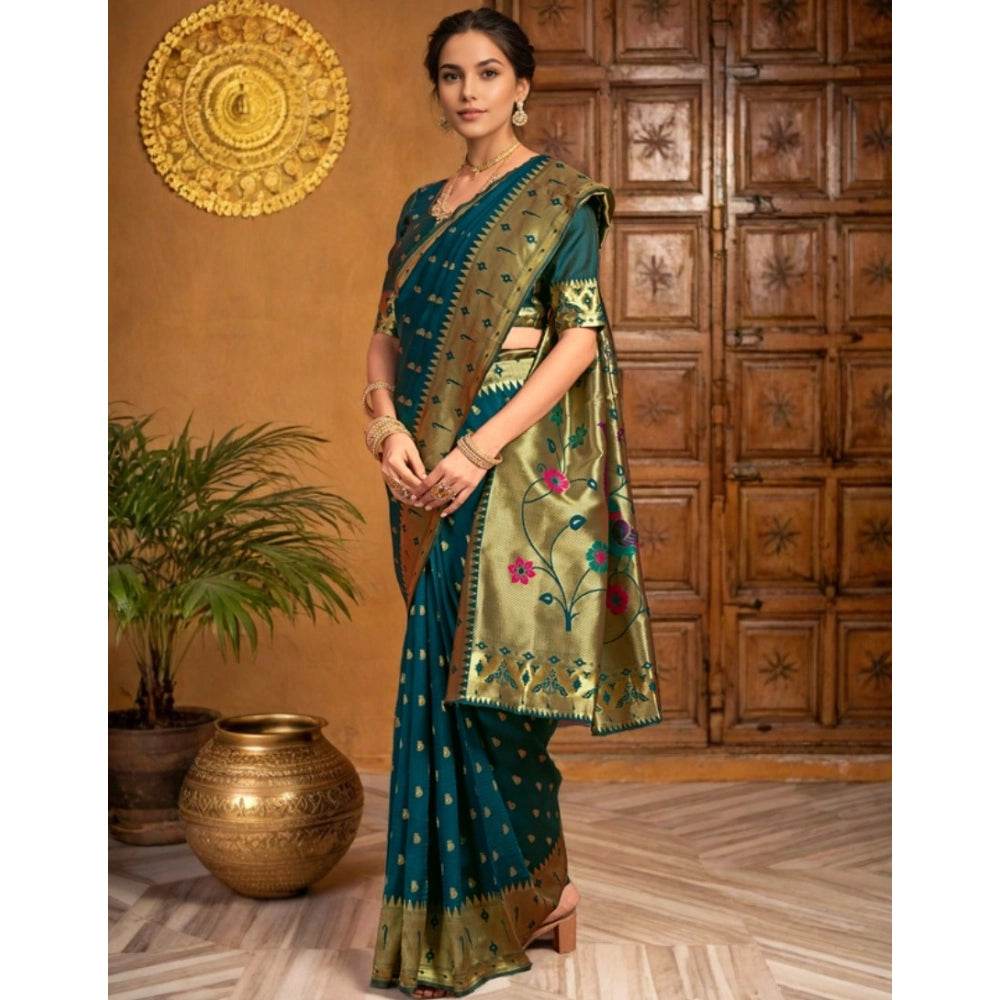 Generic Women's Silk Blend Zari Weaving Saree With Unstitched Blouse 5.5Mtr (Teal) - MYLUXURY LANE ENTERPRISE