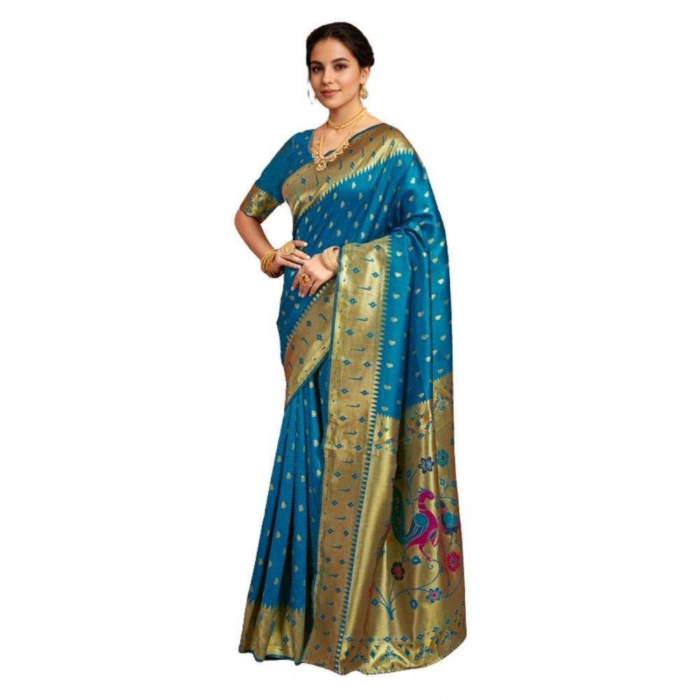 Generic Women's Silk Blend Zari Weaving Saree With Unstitched Blouse 5.5Mtr (Turquoise) - MYLUXURY LANE ENTERPRISE
