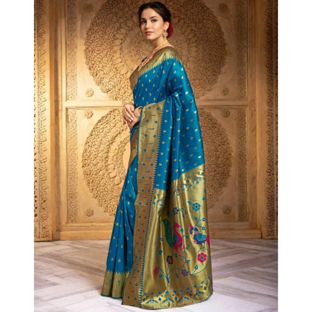Generic Women's Silk Blend Zari Weaving Saree With Unstitched Blouse 5.5Mtr (Turquoise) - MYLUXURY LANE ENTERPRISE
