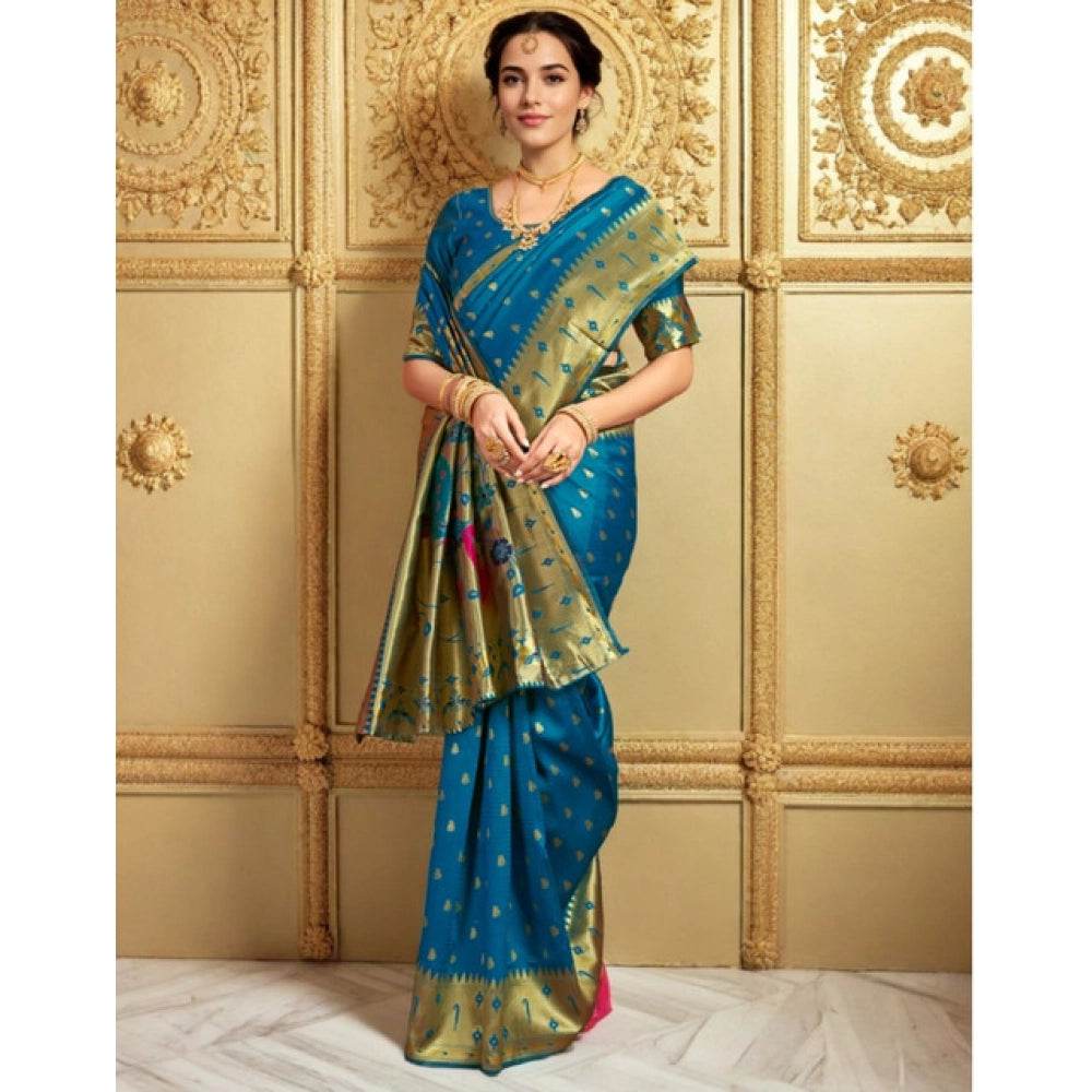 Generic Women's Silk Blend Zari Weaving Saree With Unstitched Blouse 5.5Mtr (Turquoise) - MYLUXURY LANE ENTERPRISE