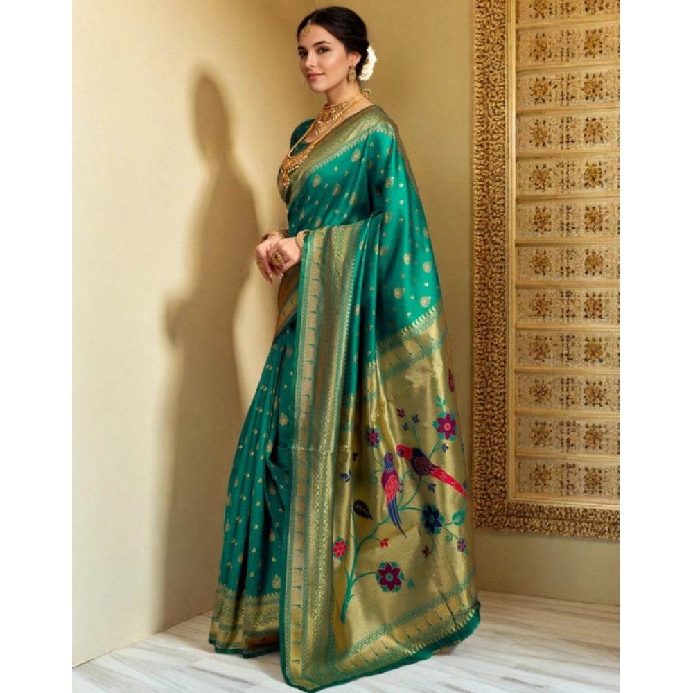 Generic Women's Silk Blend Zari Weaving Saree With Unstitched Blouse 5.5Mtr (Green) - MYLUXURY LANE ENTERPRISE