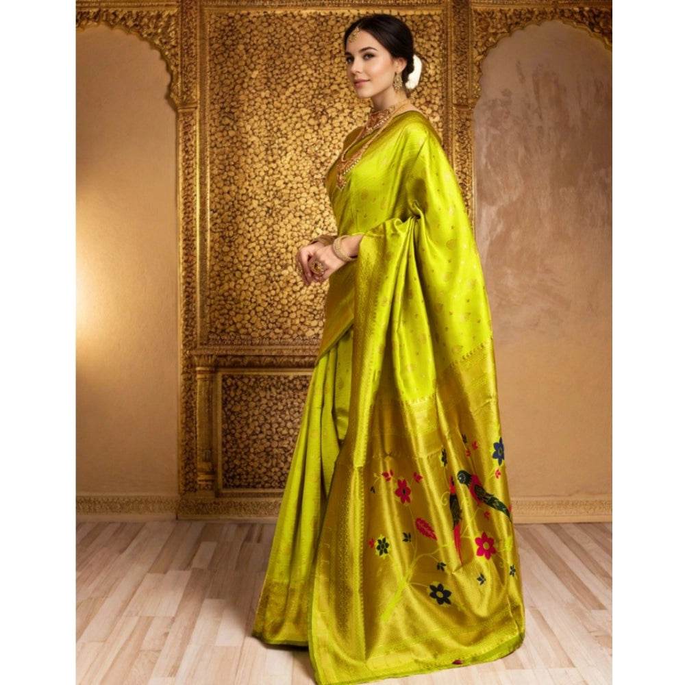 Generic Women's Silk Blend Zari Weaving Saree With Unstitched Blouse 5.5Mtr (Lime-Green) - MYLUXURY LANE ENTERPRISE