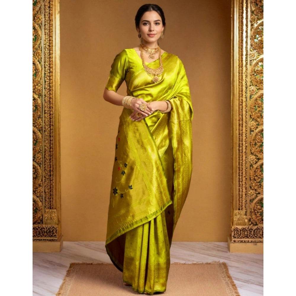 Generic Women's Silk Blend Zari Weaving Saree With Unstitched Blouse 5.5Mtr (Lime-Green) - MYLUXURY LANE ENTERPRISE