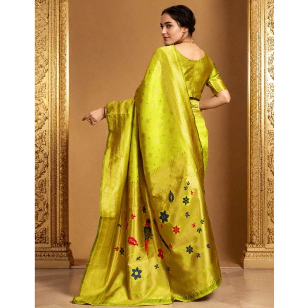 Generic Women's Silk Blend Zari Weaving Saree With Unstitched Blouse 5.5Mtr (Lime-Green) - MYLUXURY LANE ENTERPRISE