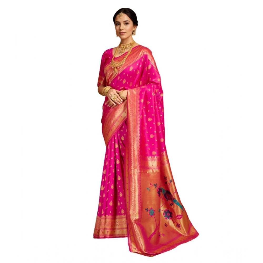 Generic Women's Silk Blend Zari Weaving Saree With Unstitched Blouse 5.5Mtr (Pink) - MYLUXURY LANE ENTERPRISE