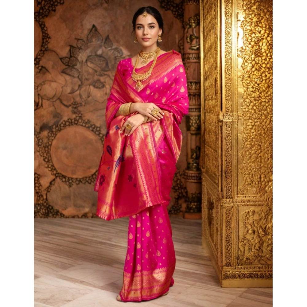 Generic Women's Silk Blend Zari Weaving Saree With Unstitched Blouse 5.5Mtr (Pink) - MYLUXURY LANE ENTERPRISE