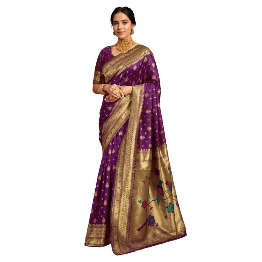 Generic Women's Silk Blend Zari Weaving Saree With Unstitched Blouse 5.5Mtr (Purple) - MYLUXURY LANE ENTERPRISE