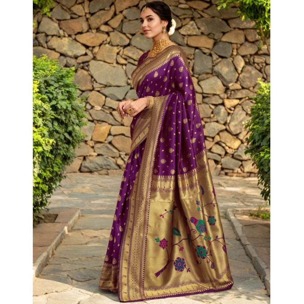 Generic Women's Silk Blend Zari Weaving Saree With Unstitched Blouse 5.5Mtr (Purple) - MYLUXURY LANE ENTERPRISE