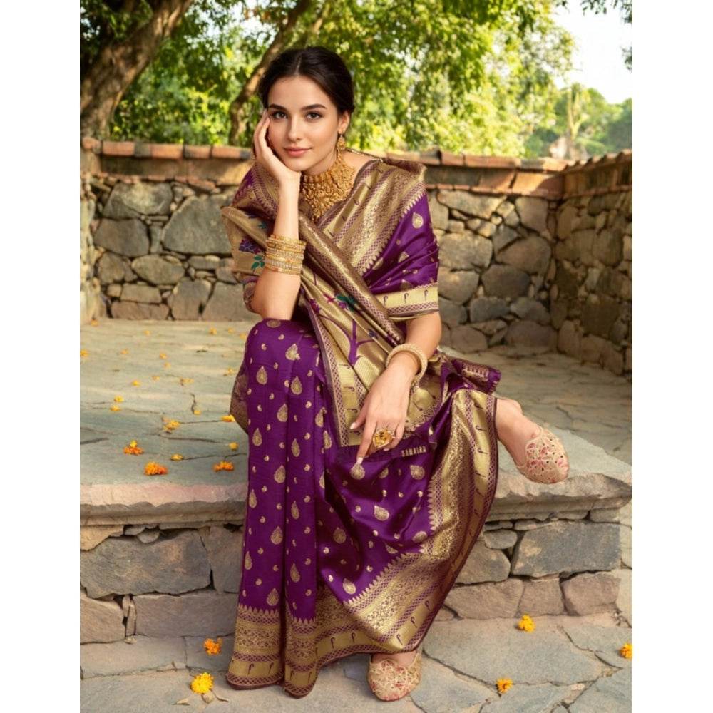 Generic Women's Silk Blend Zari Weaving Saree With Unstitched Blouse 5.5Mtr (Purple) - MYLUXURY LANE ENTERPRISE