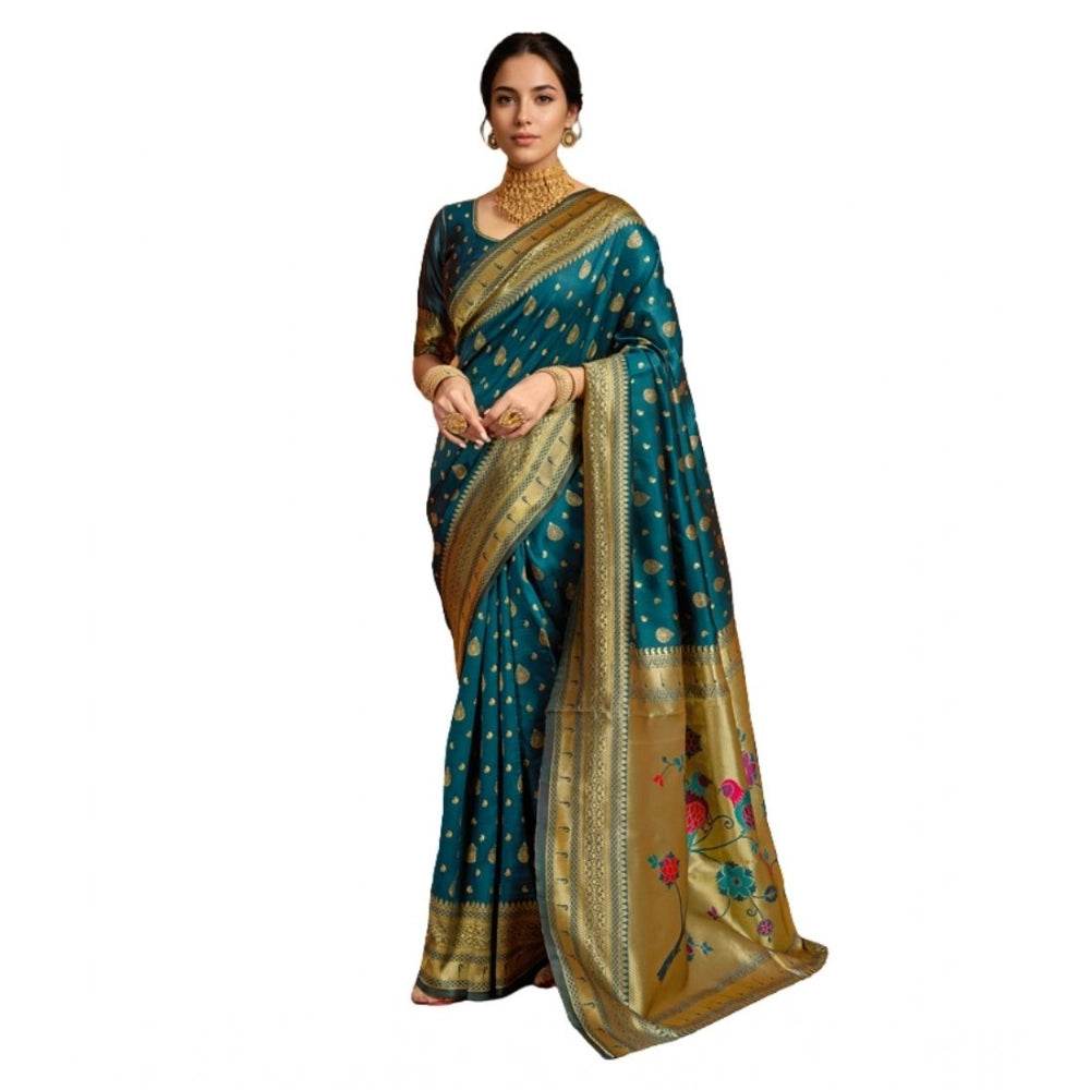 Generic Women's Silk Blend Zari Weaving Saree With Unstitched Blouse 5.5Mtr (Teal) - MYLUXURY LANE ENTERPRISE