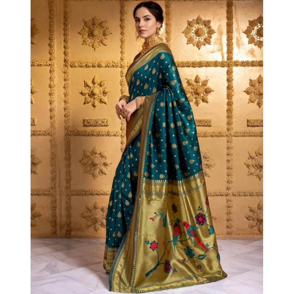 Generic Women's Silk Blend Zari Weaving Saree With Unstitched Blouse 5.5Mtr (Teal) - MYLUXURY LANE ENTERPRISE