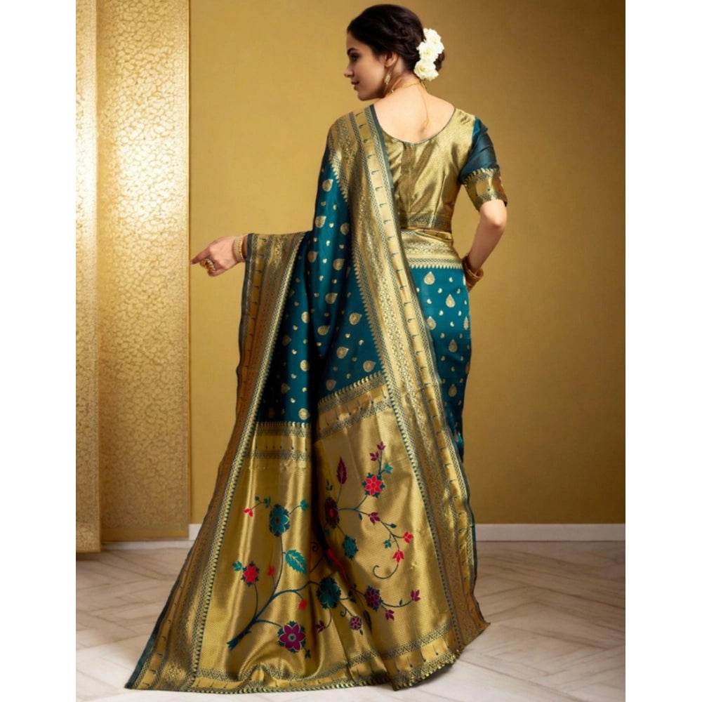 Generic Women's Silk Blend Zari Weaving Saree With Unstitched Blouse 5.5Mtr (Teal) - MYLUXURY LANE ENTERPRISE