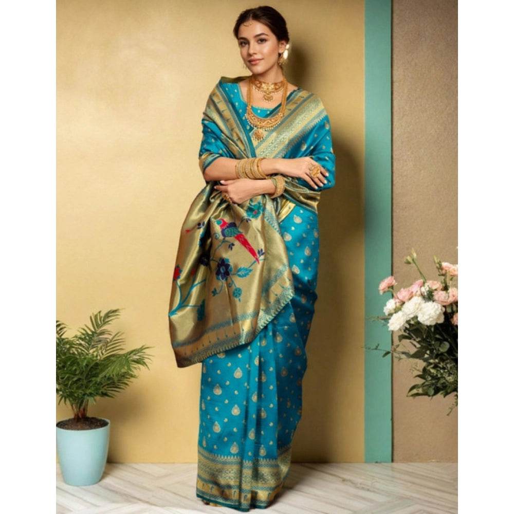 Generic Women's Silk Blend Zari Weaving Saree With Unstitched Blouse 5.5Mtr (Turquoise) - MYLUXURY LANE ENTERPRISE
