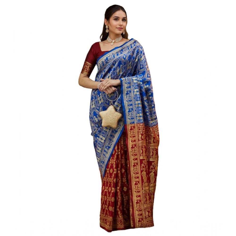 Generic Women's Silk Blend Zari Weaving Saree With Unstitched Blouse 5.5Mtr (Blue) - MYLUXURY LANE ENTERPRISE