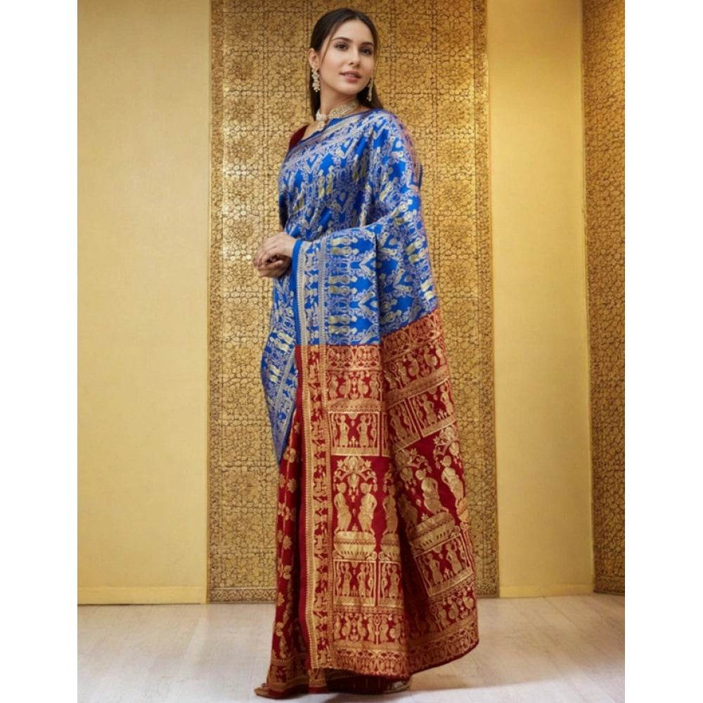 Generic Women's Silk Blend Zari Weaving Saree With Unstitched Blouse 5.5Mtr (Blue) - MYLUXURY LANE ENTERPRISE