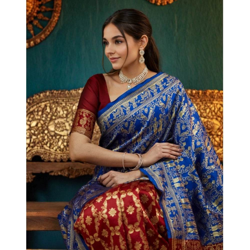 Generic Women's Silk Blend Zari Weaving Saree With Unstitched Blouse 5.5Mtr (Blue) - MYLUXURY LANE ENTERPRISE