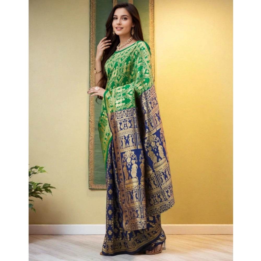 Generic Women's Silk Blend Zari Weaving Saree With Unstitched Blouse 5.5Mtr (Green) - MYLUXURY LANE ENTERPRISE