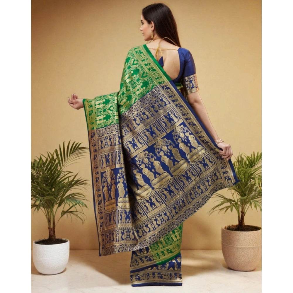 Generic Women's Silk Blend Zari Weaving Saree With Unstitched Blouse 5.5Mtr (Green) - MYLUXURY LANE ENTERPRISE