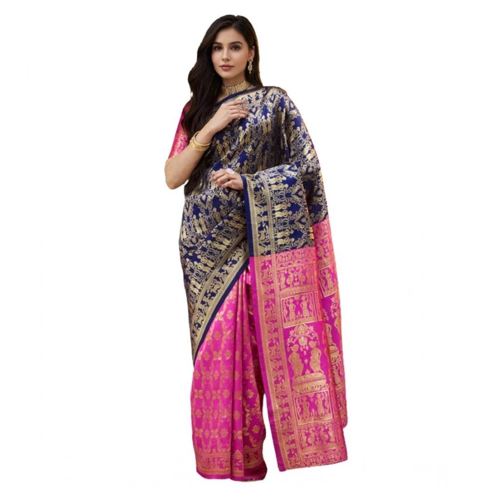 Generic Women's Silk Blend Zari Weaving Saree With Unstitched Blouse 5.5Mtr (Navy) - MYLUXURY LANE ENTERPRISE