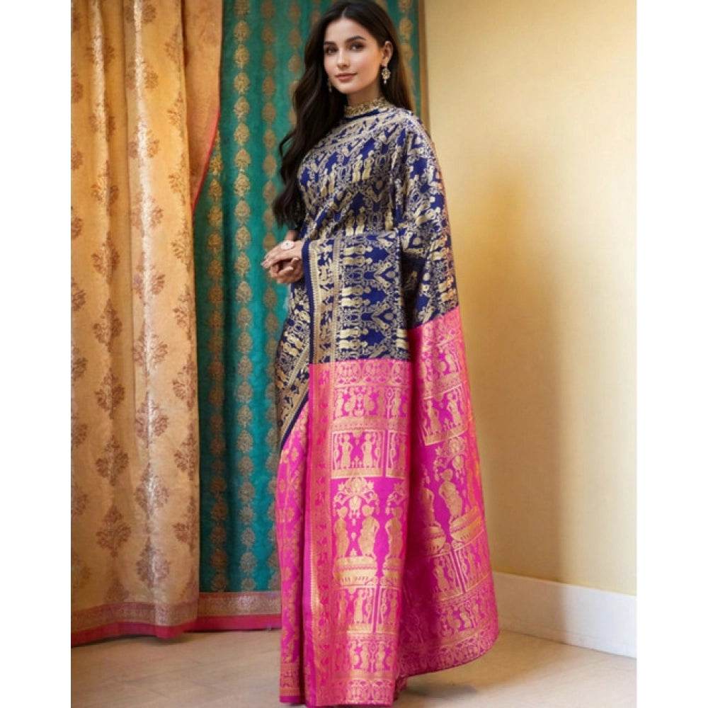 Generic Women's Silk Blend Zari Weaving Saree With Unstitched Blouse 5.5Mtr (Navy) - MYLUXURY LANE ENTERPRISE