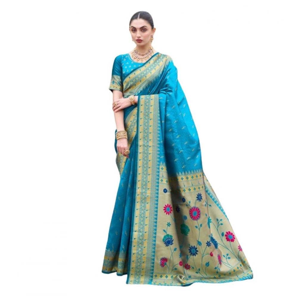Generic Women's Silk Blend Paithani Weaving Saree With Unstitched Blouse 5.5Mtr (Aqua) - MYLUXURY LANE ENTERPRISE